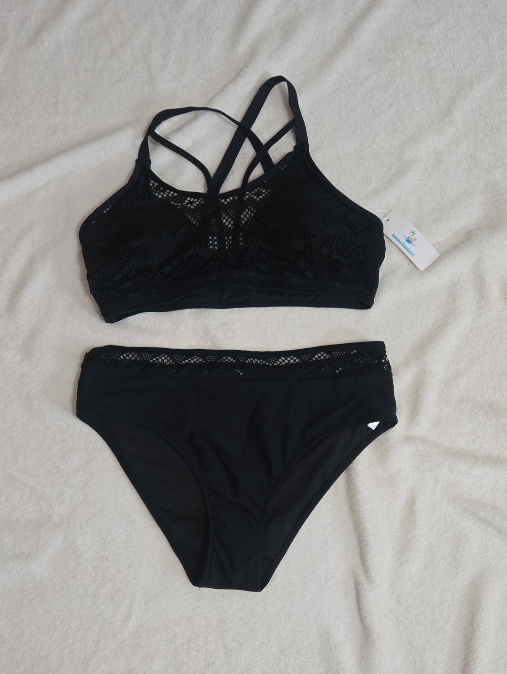 Black Lace-Trim Strappy Bikini Set - Women's Swim